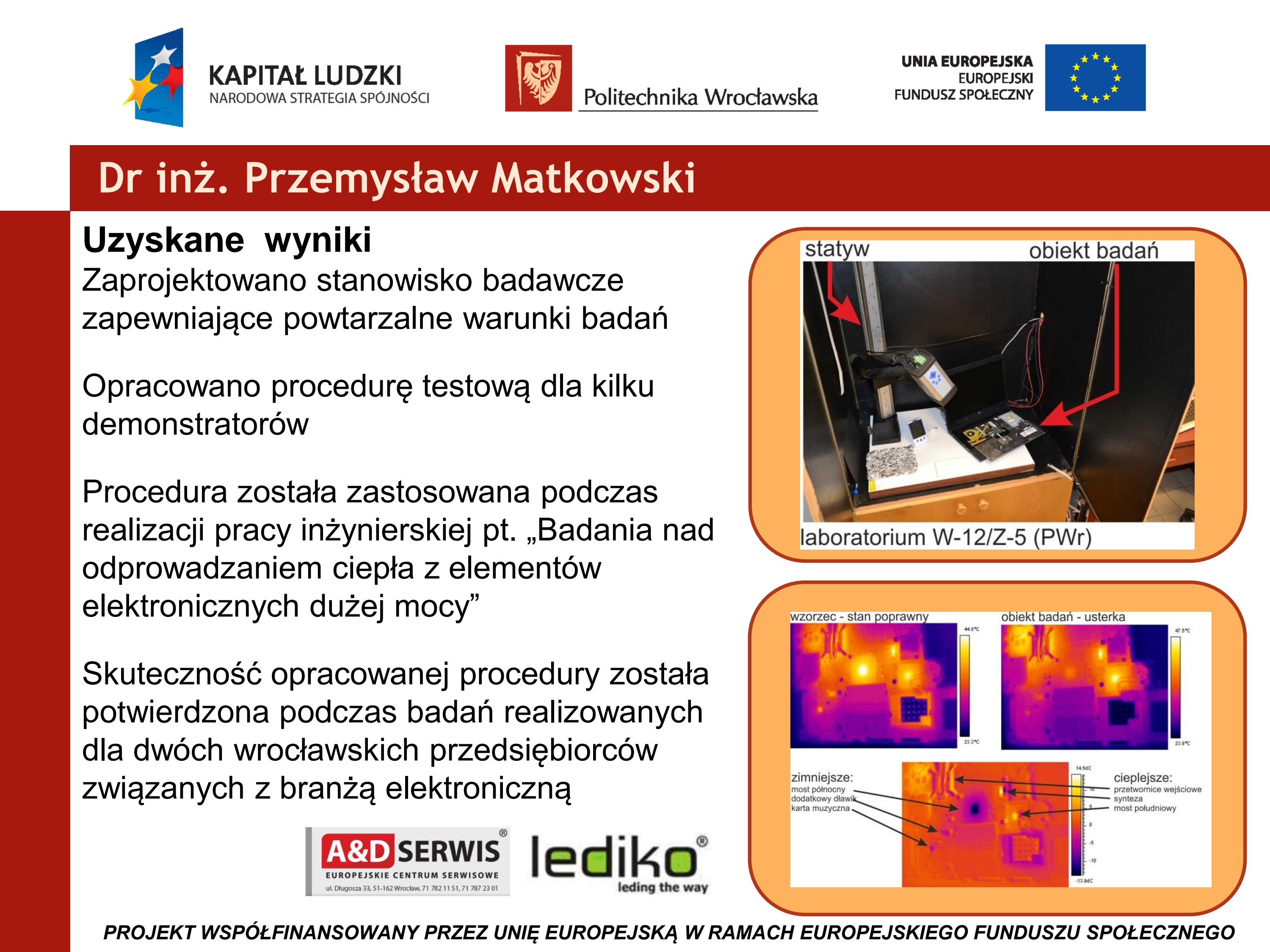 Slajd podsumowujący wyniki badań — stanowisko badawcze, termogramy porównawcze, logo A&D Serwis i Lediko