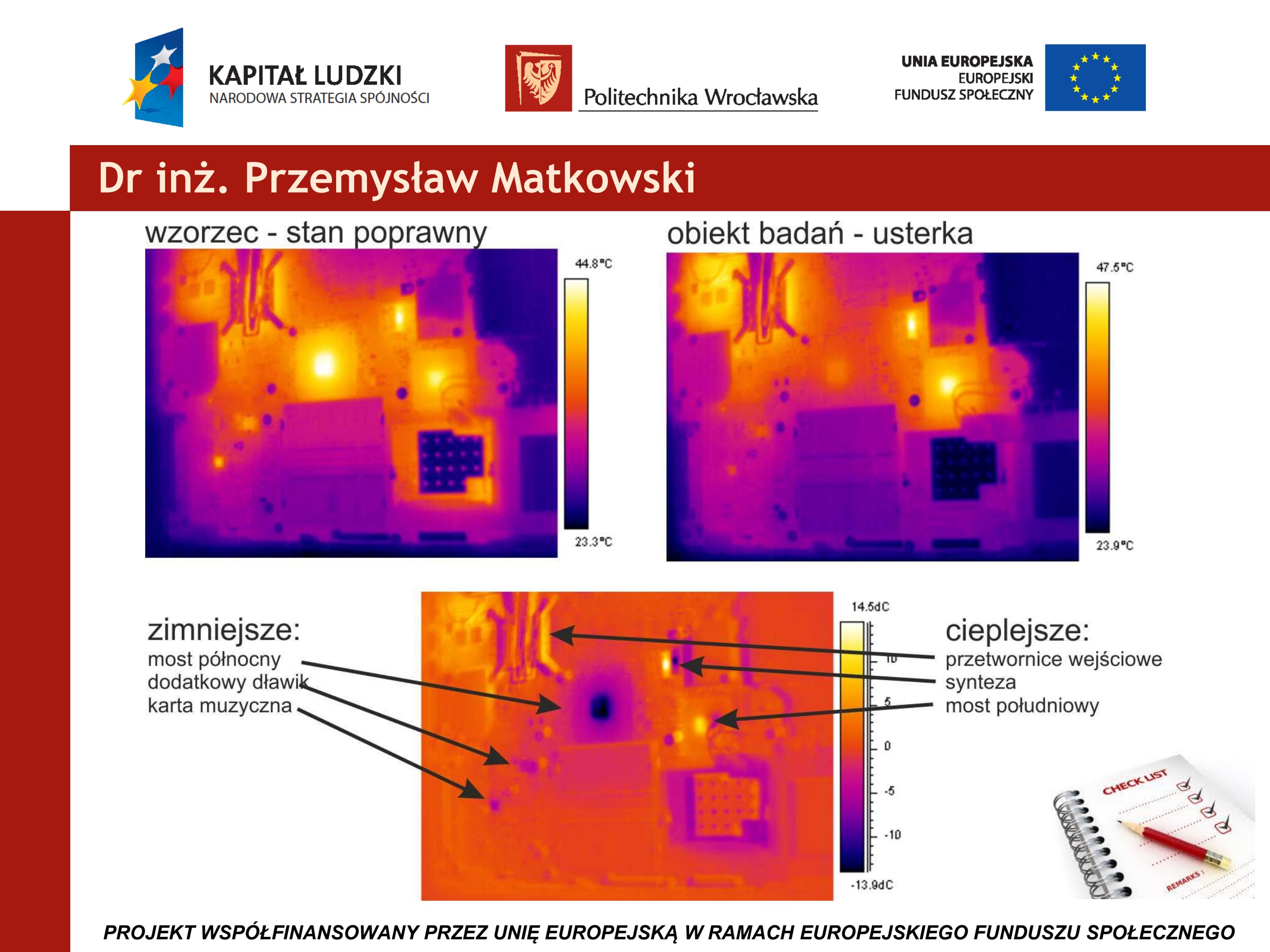 Porównanie termogramu wzorcowego (44,8 °C) z termogramem urządzenia z usterką (47,5 °C) oraz mapa różnic temperatur